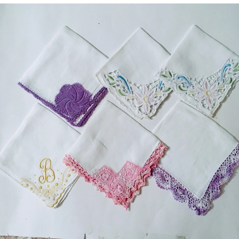 Mid-Century Embroidered Ladies Handkerchiefs 6 VTG Cotton Pocket Square Hanky